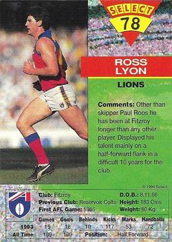 1994 Select AFL #78 Ross Lyon Back